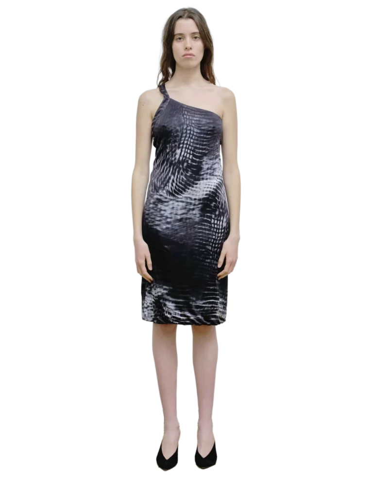 By Tom Ford, one-shoulder animalier viscose dress.