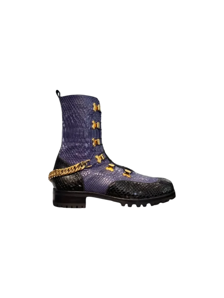 Exotic leather and metal boots.