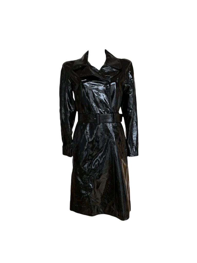 Long vinyl trench coat.