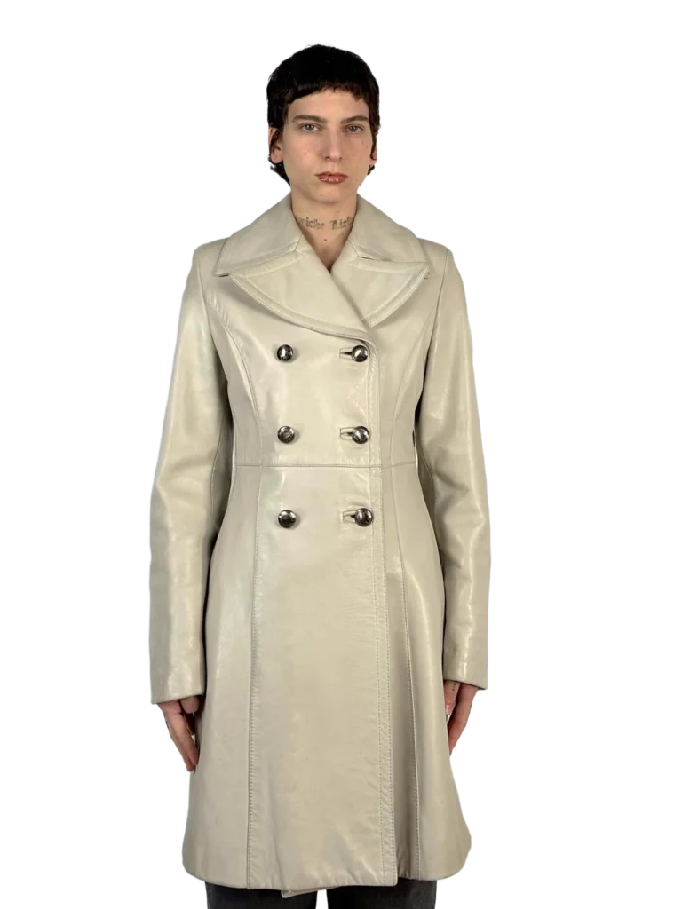 Leather trench coat.