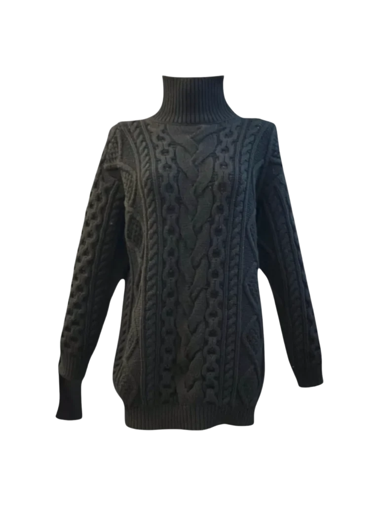 Cable-knit wool turtleneck sweater.