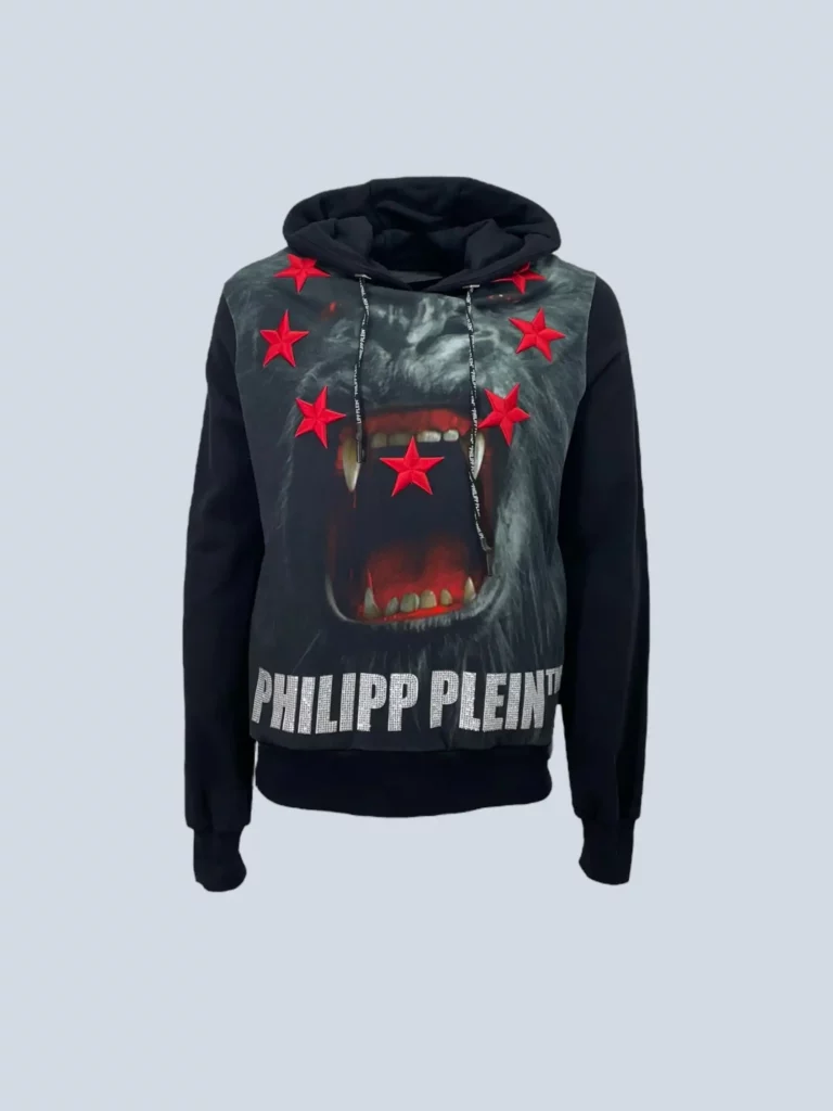 Felpa con cappuccio in cotone stampa e logo strass, L.