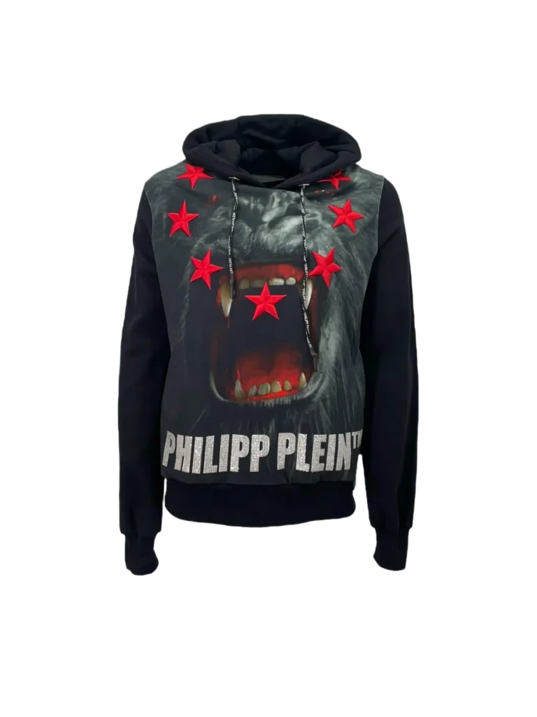 Cotton hoodie with print and rhinestone logo.