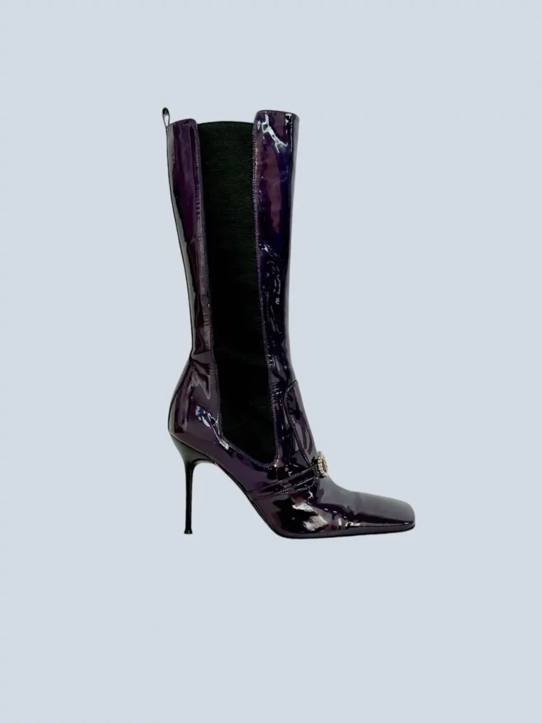 Patent leather boots with rhinestone logo, 37.