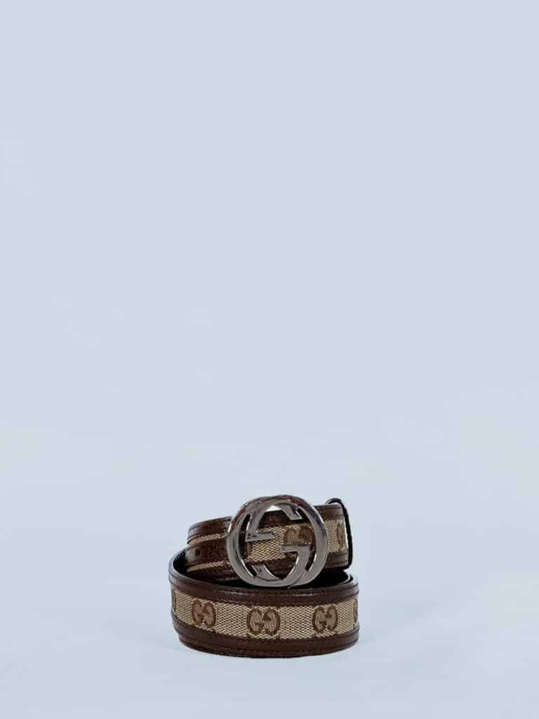 Gucci cintura in tela monogram beige e pelle marrone GG interlocking, 75.