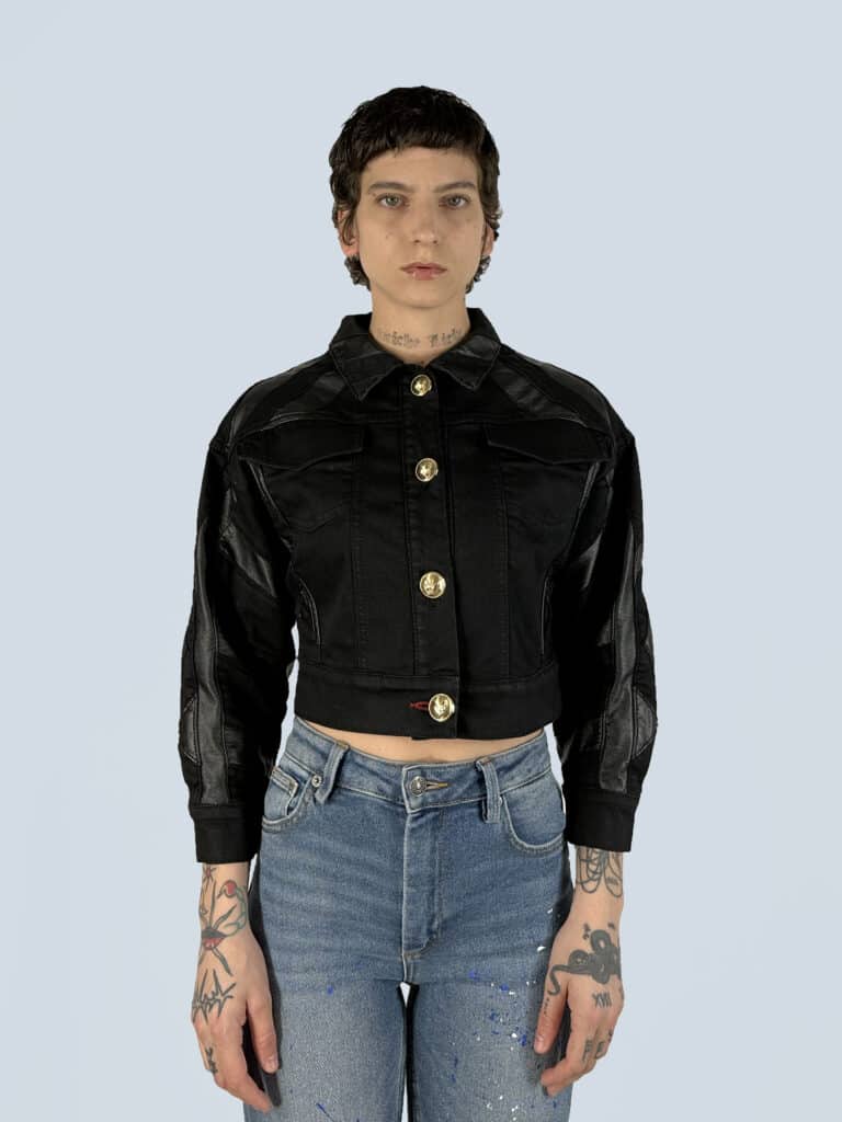 Giubbotto bomber denim e pelle, S.