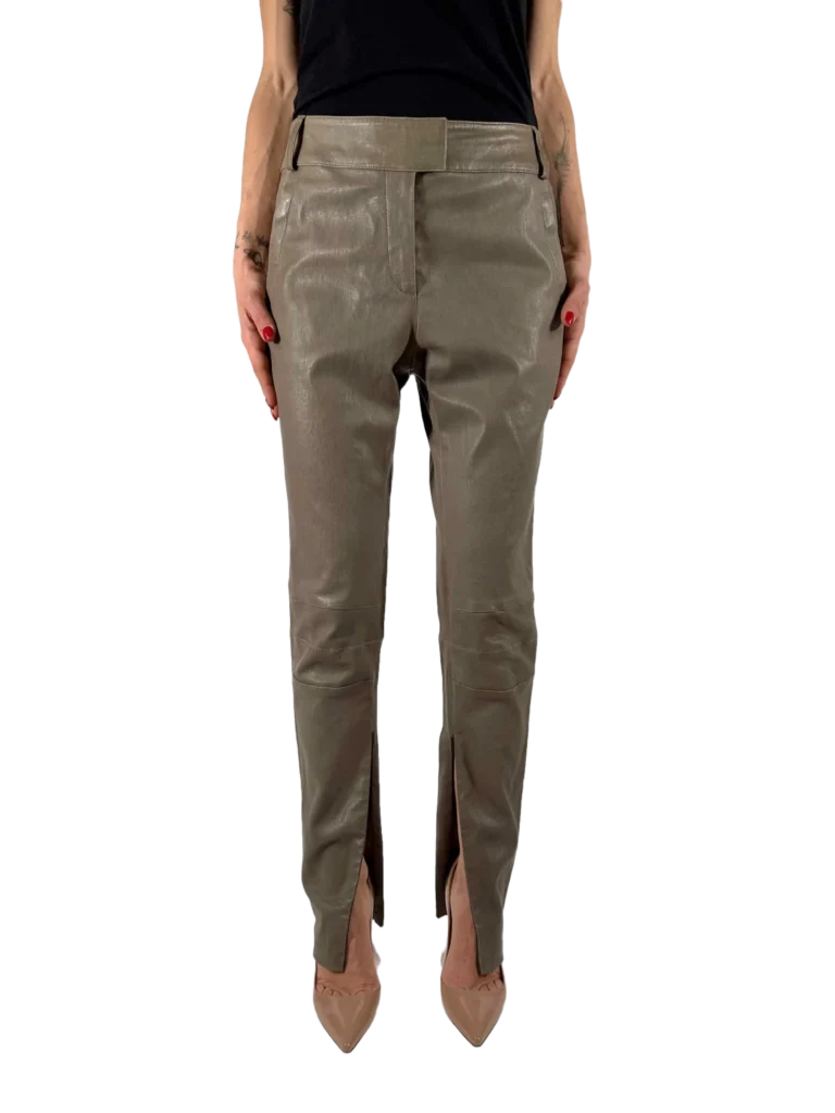 Leather trousers with slits.
