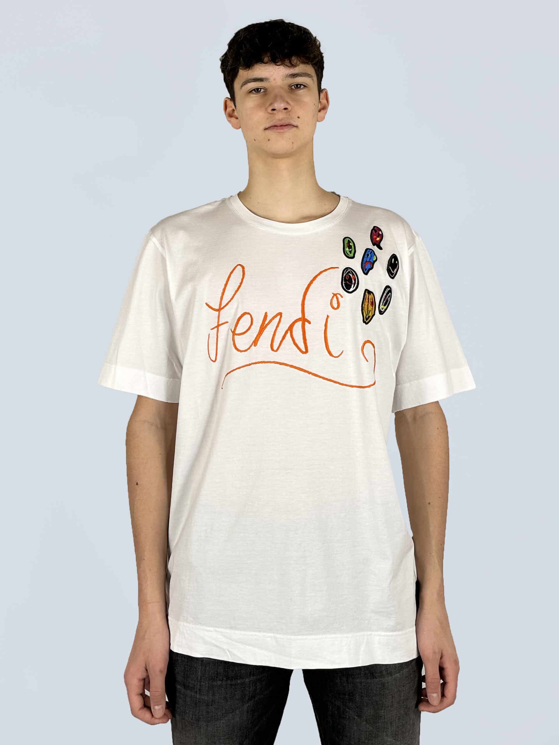Fendi t shirt bianca logo arancione