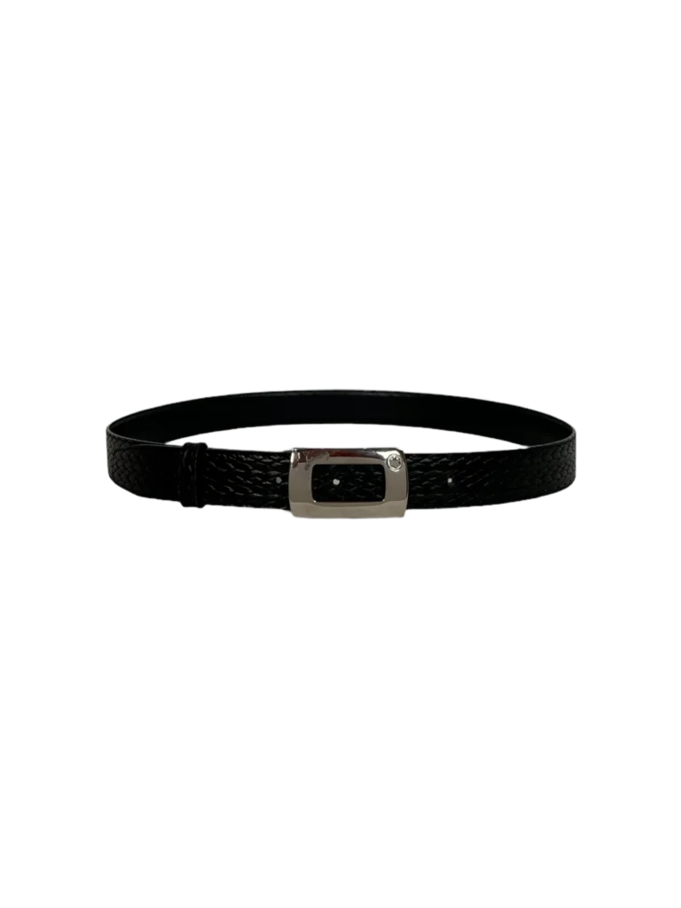Braided leather belt with metal buckle.