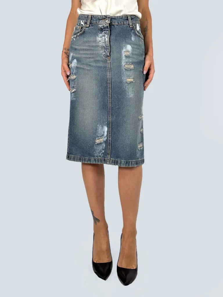 Gonna midi in denim distressed, 40.