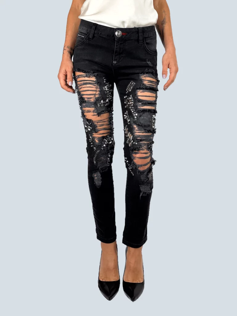 Pantaloni in denim disrupted con borchie, 26.