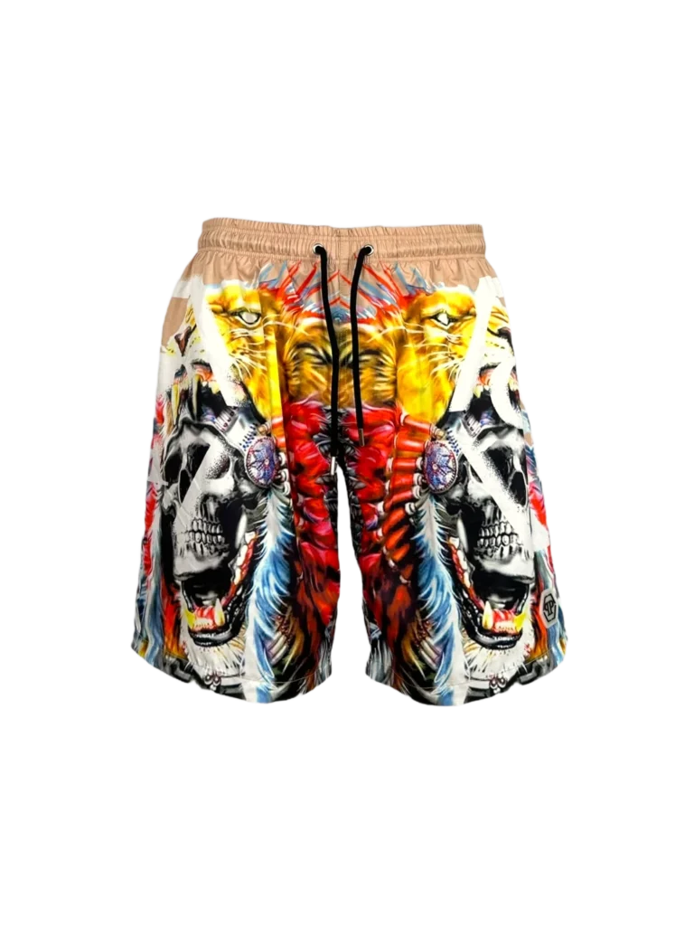 Multicolor Navayo print swim shorts.