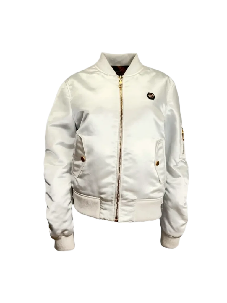 Giubbotto bomber in raso di poliestere con maxi logo ricamo.
