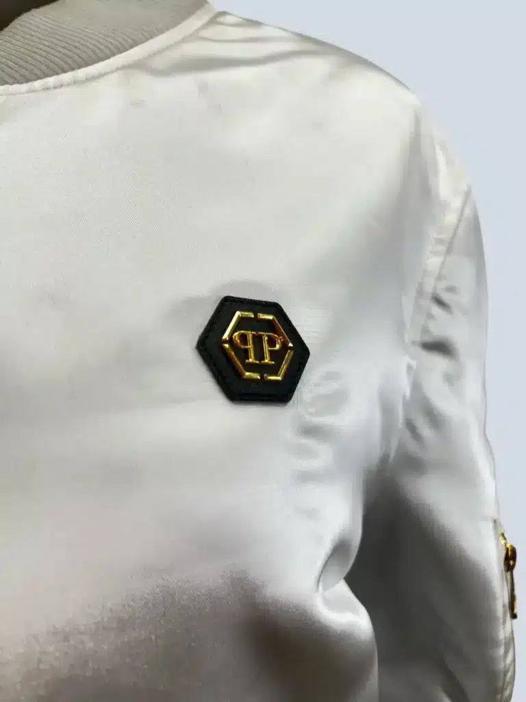 Giubbotto bomber in raso di poliestere con maxi logo ricamo, L., foto 7 di 11