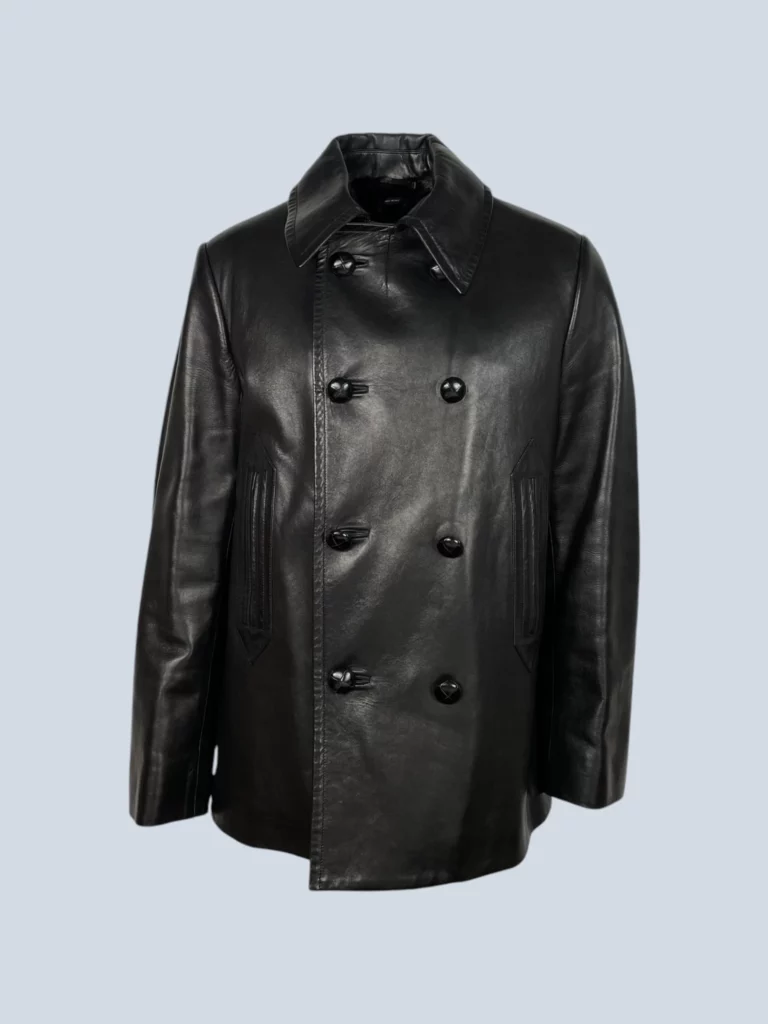 Cappotto doppiopetto in pelle con interno in pelliccia, 52.