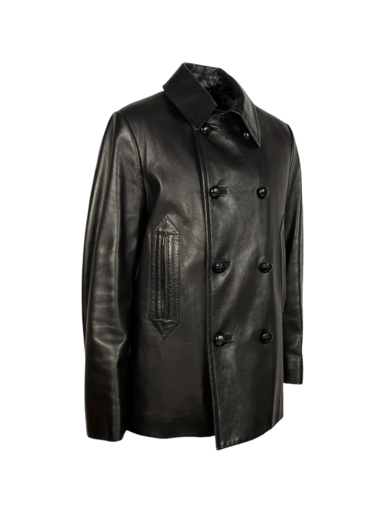 Double-breasted leather coat with fur lining., photo 3 of 10