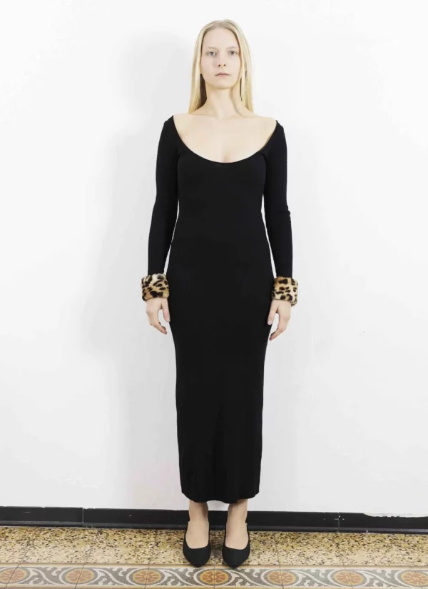 <b>Blumarine</b> <br> abito lungo con polsini in eco-pelliccia leopard, S.