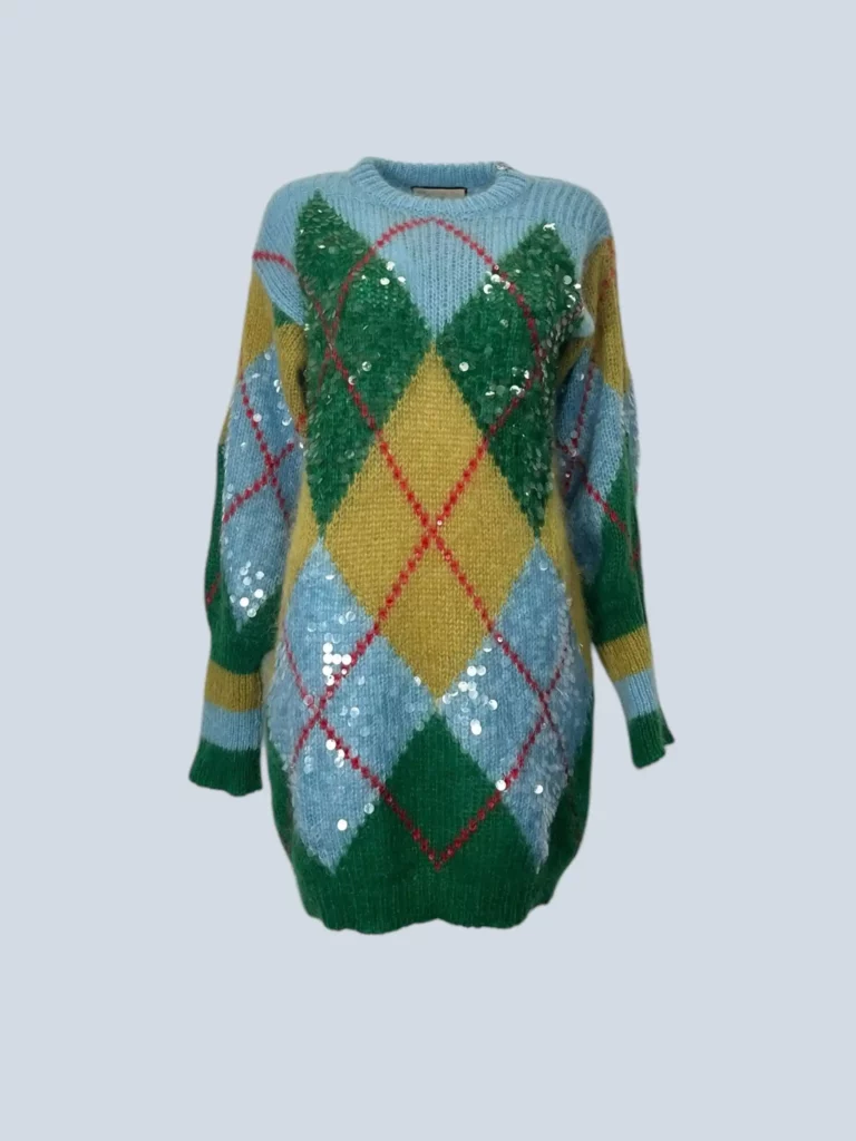 Maglione lungo in misto mohair motivo rombi e paillettes, S.