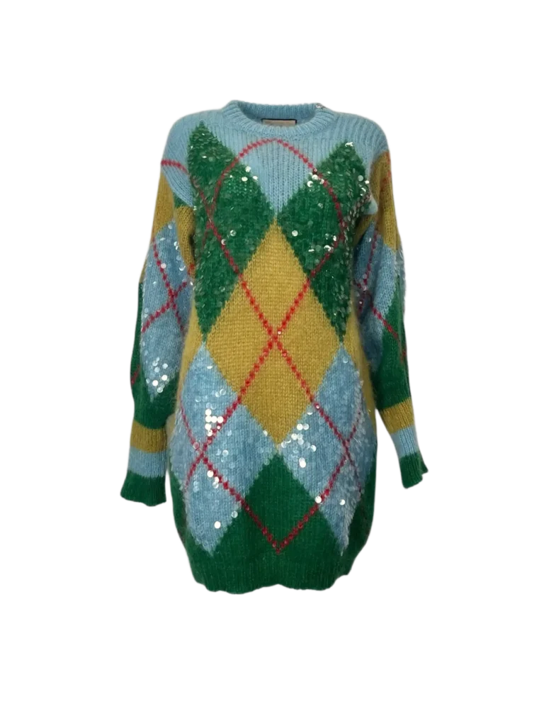 Mohair blend long sweater with diamond pattern and sequins.