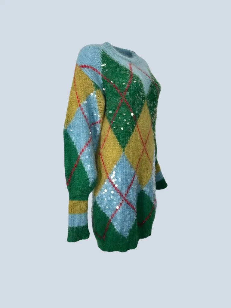 Maglione lungo in misto mohair motivo rombi e paillettes, S., foto 2 di 11