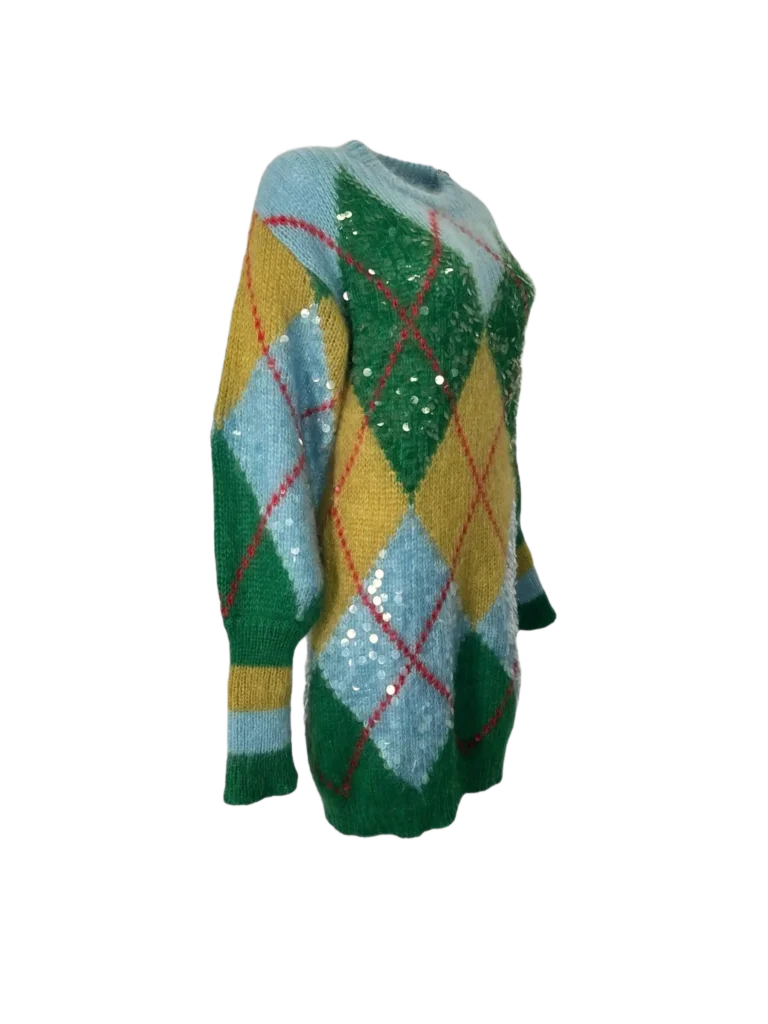 Maglione lungo in misto mohair motivo rombi e paillettes., foto 2 di 11