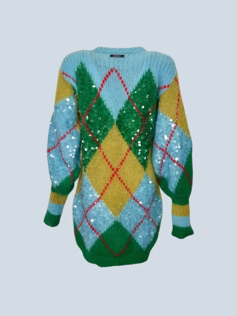 Maglione lungo in misto mohair motivo rombi e paillettes, S., foto 4 di 11