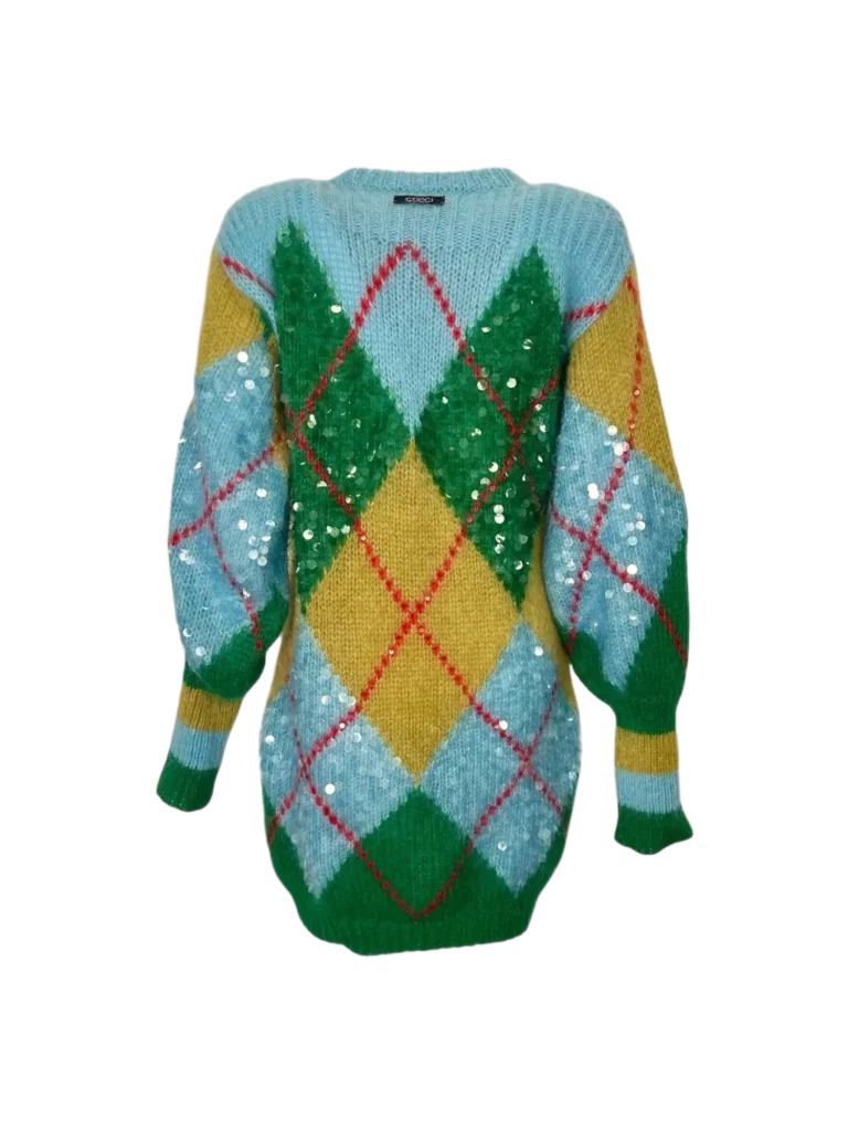 Maglione lungo in misto mohair motivo rombi e paillettes., foto 4 di 11