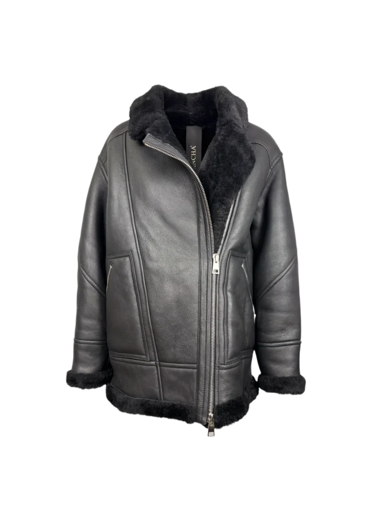 Giubbotto montone over in pelle e shearling.