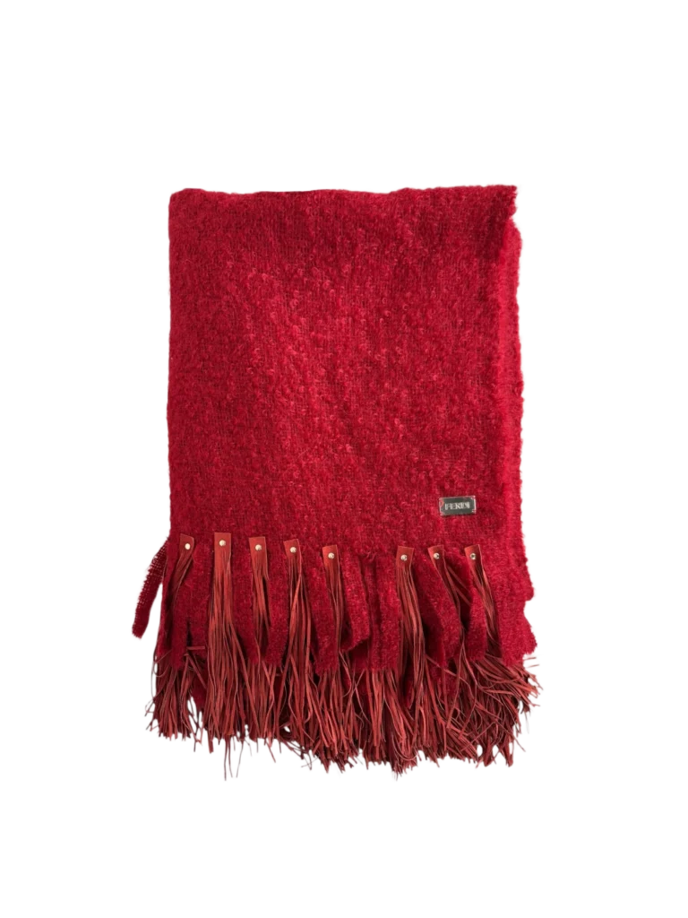 Mohair wool shawl with leather fringe.