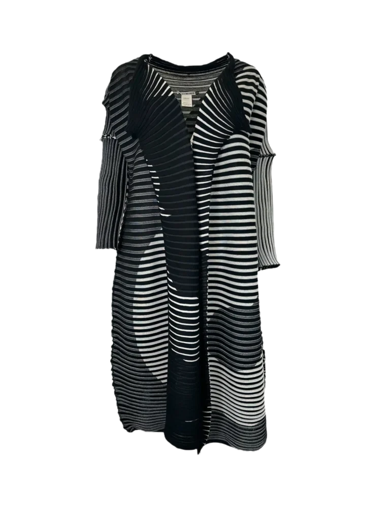 Optical print pleated maxi cardigan.