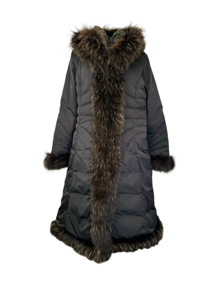 Long nylon and fur puffer jacket.