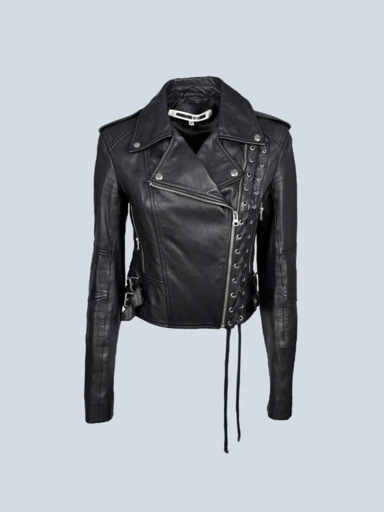 Giubbotto biker in pelle con intreccio, 40.