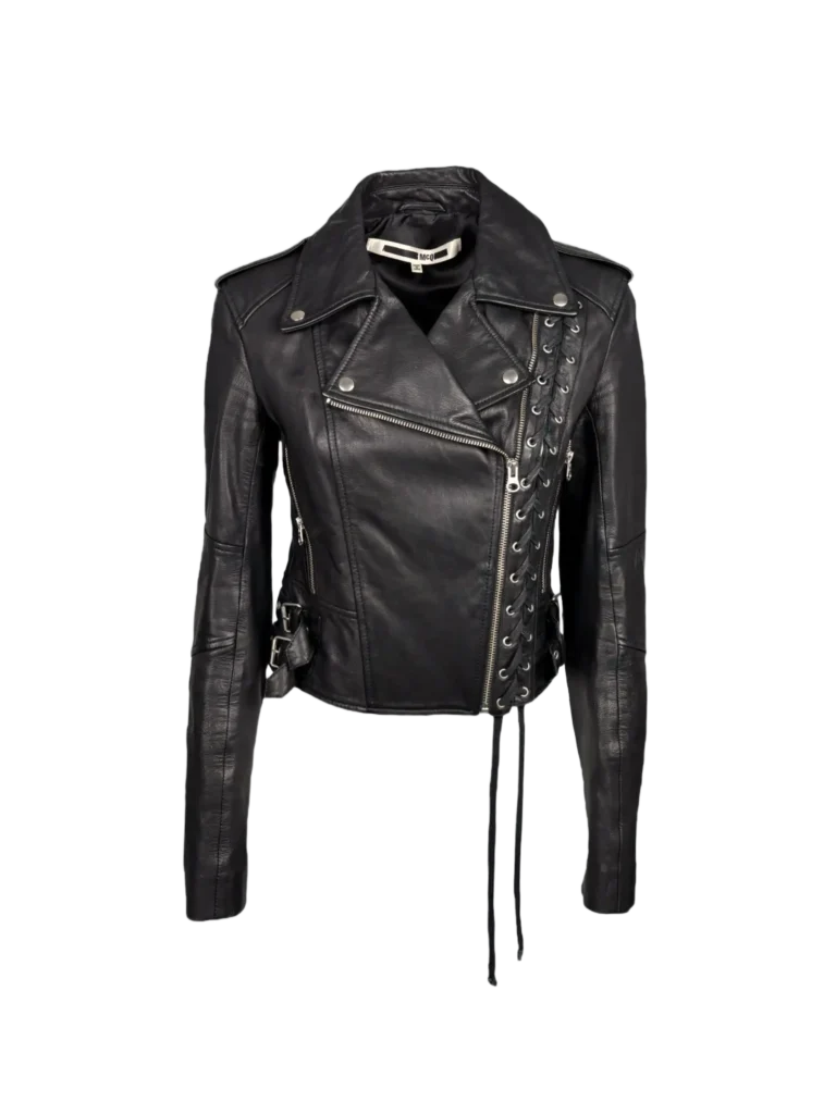Woven leather biker jacket.