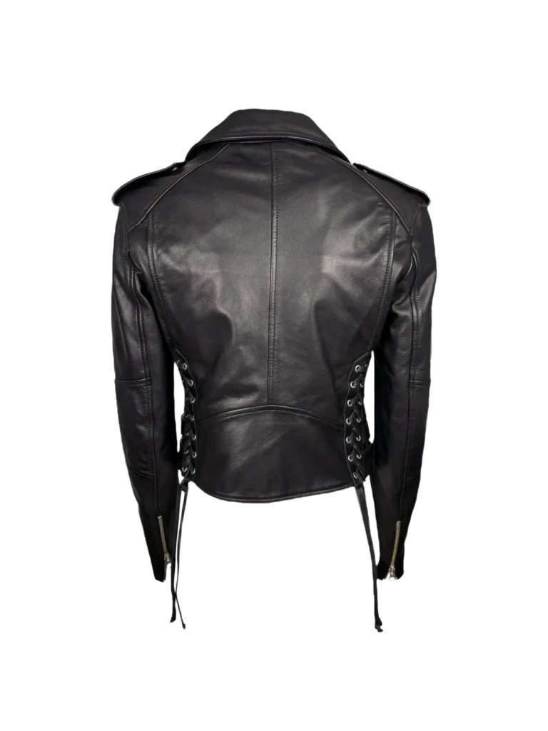 Giubbotto biker in pelle con intreccio., foto 3 di 6