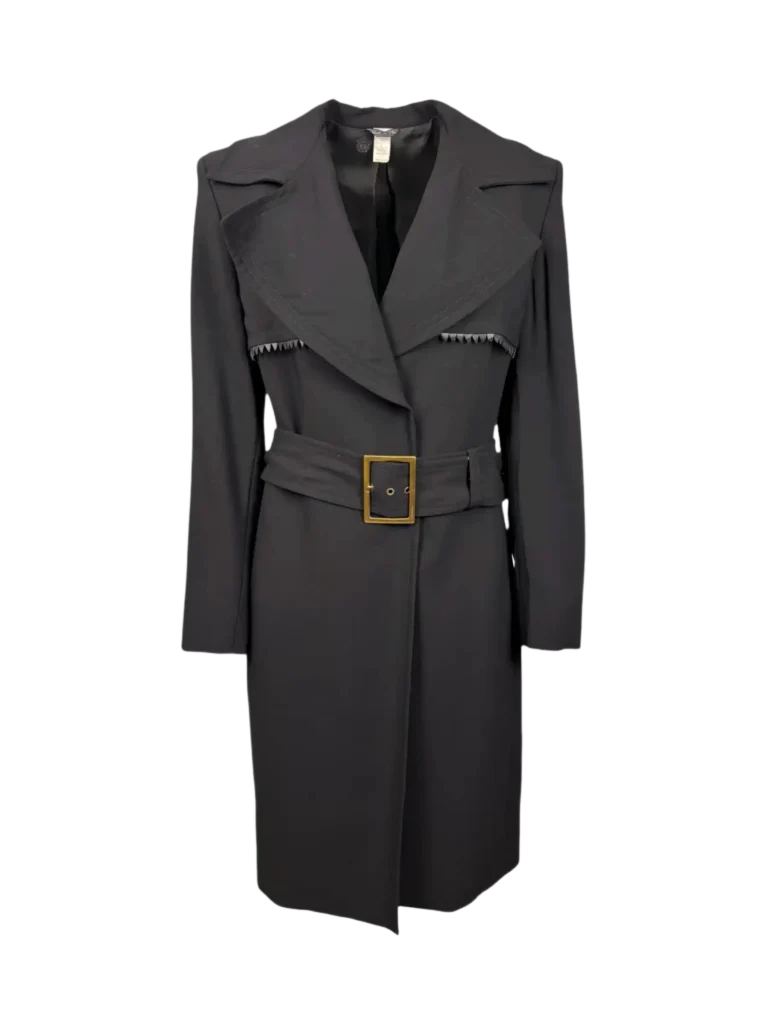 Trench vintage in lana con dettagli in pelle.