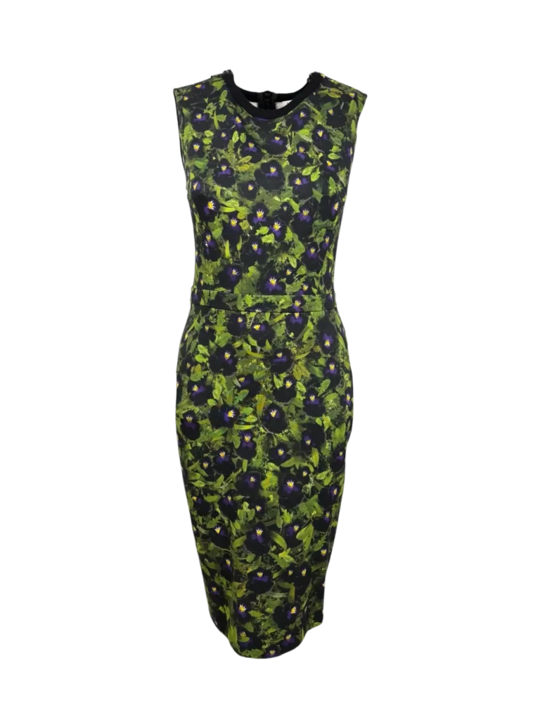 Floral print viscose midi sheath dress.