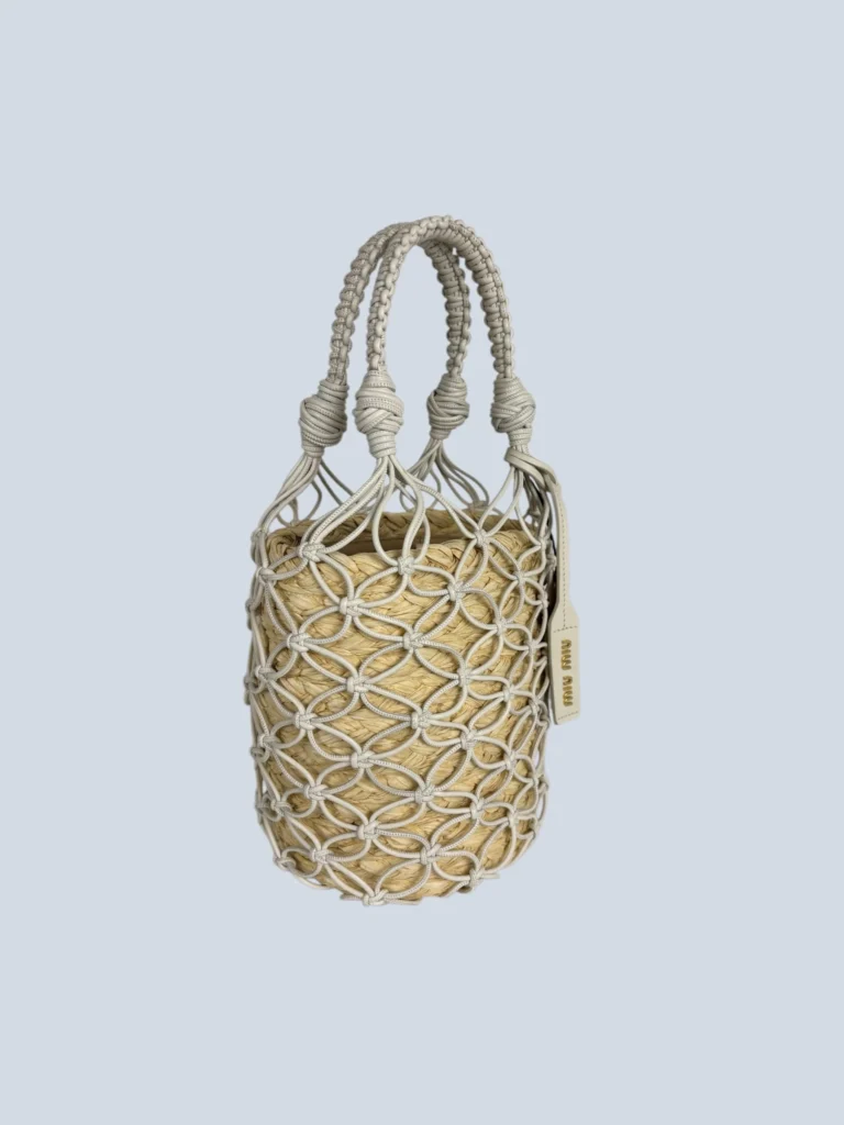 Borsa a mano bucket in rafia e pelle., foto 2 di 6