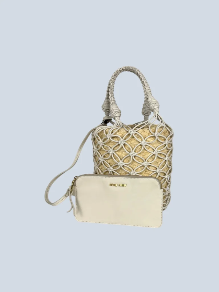 Borsa a mano bucket in rafia e pelle., foto 4 di 6
