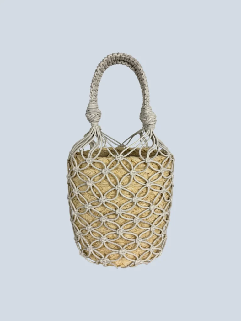 Borsa a mano bucket in rafia e pelle., foto 3 di 6