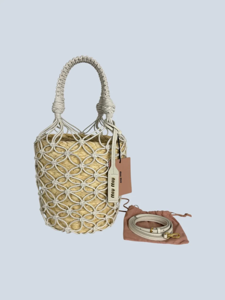 Borsa a mano bucket in rafia e pelle., foto 5 di 6
