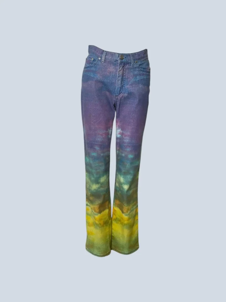 Cavalli Jeans, pantaloni in denim effetto watercolor e glitter, 28.