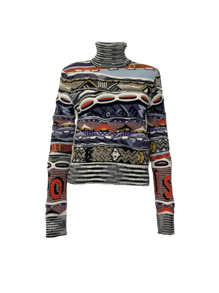 Wool turtleneck sweater with jacquard pattern.