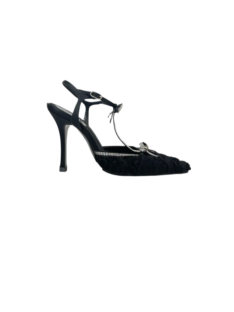Fur and rhinestone pumps.