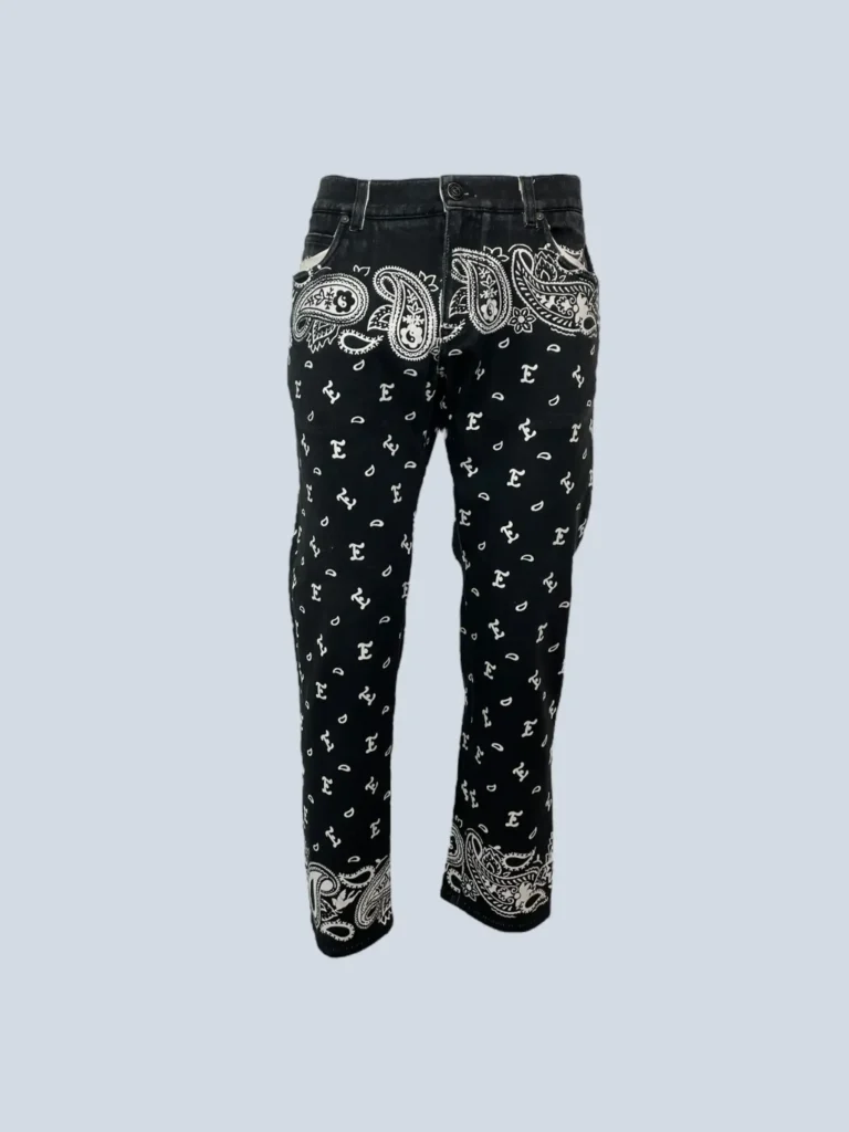 Pantaloni in denim con stampa paisley, 33.
