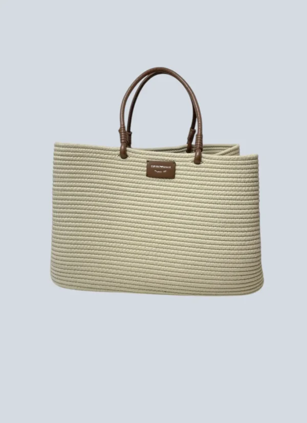 <b>Emporio Armani</b><br> borsa shopper a mano in corda e pelle.