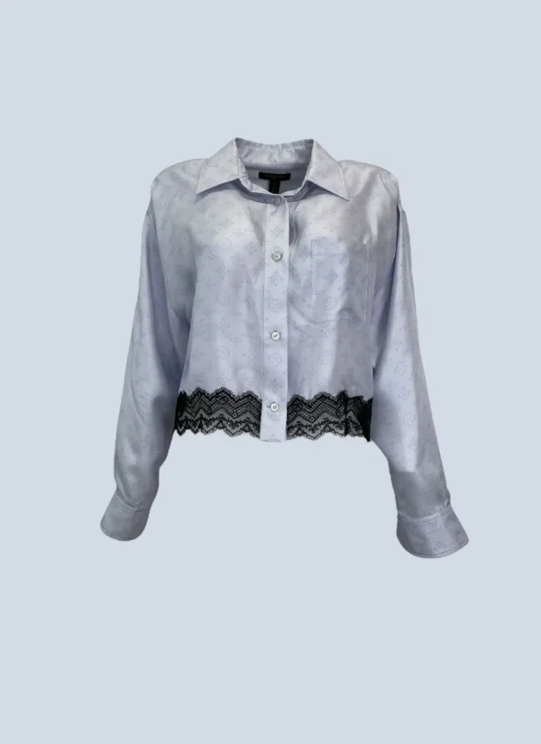 <b>Louis Vuitton</b><br> camicia con finiture in pizzo e motivo Monogram in seta, 38.