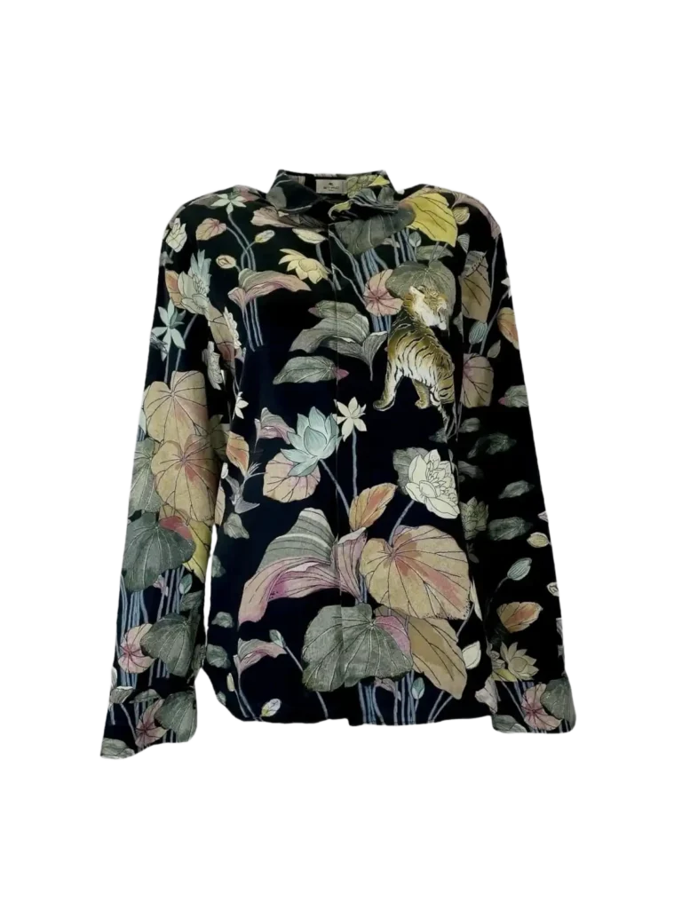 Camicia in cotone con stampa ninfee e tigri., foto 2 di 6