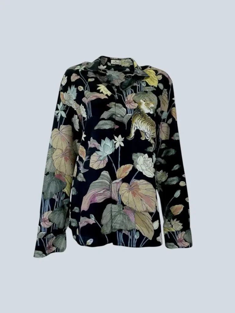 Camicia in cotone con stampa ninfee e tigri, M.