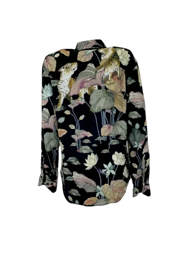 Camicia in cotone con stampa ninfee e tigri., foto 4 di 6
