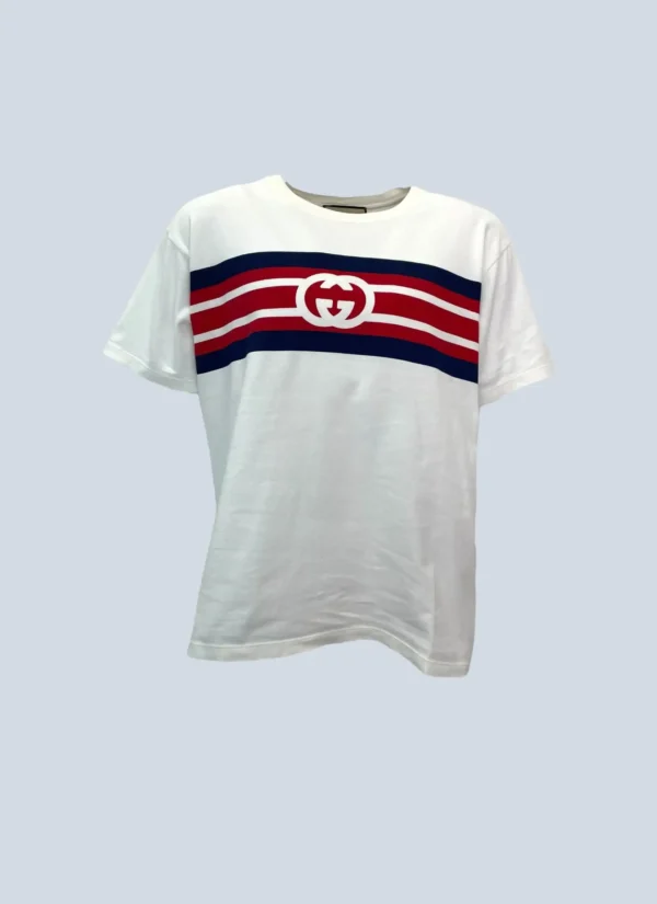 <b>Gucci</b><br> t-shirt in cotone con bande e logo, XS.